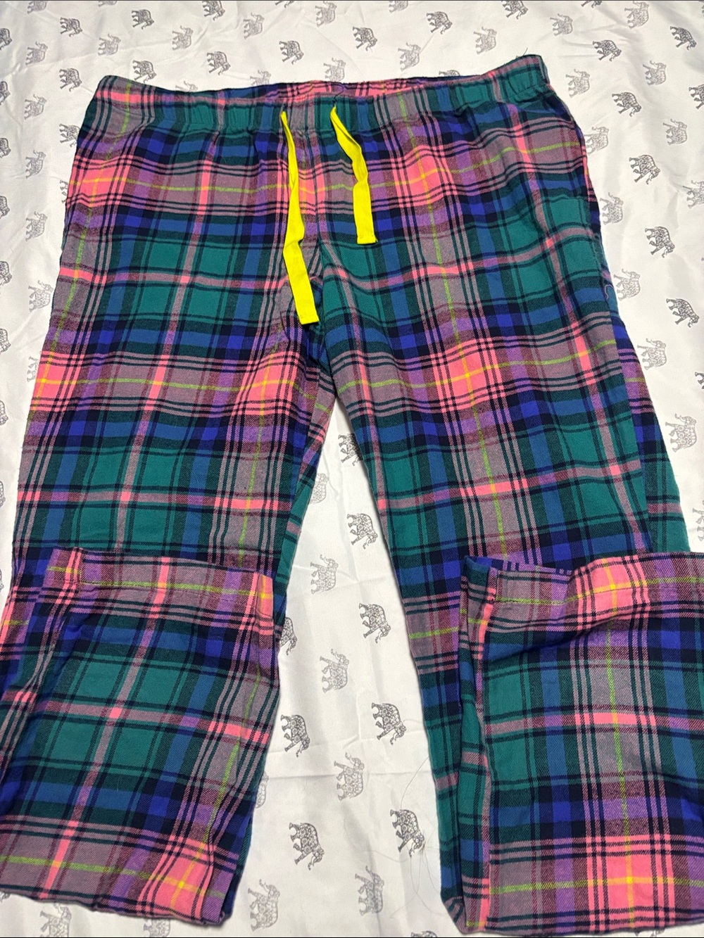 Old Navy Green, Pink & Blue Plaid Pajama Pants with Yellow Drawstring